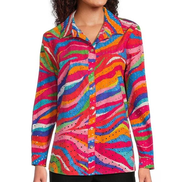 John Mark Eyelet Embroidered Watercolor Roll-Tab Sleeve Button Front Top Large - Picture 3 of 14